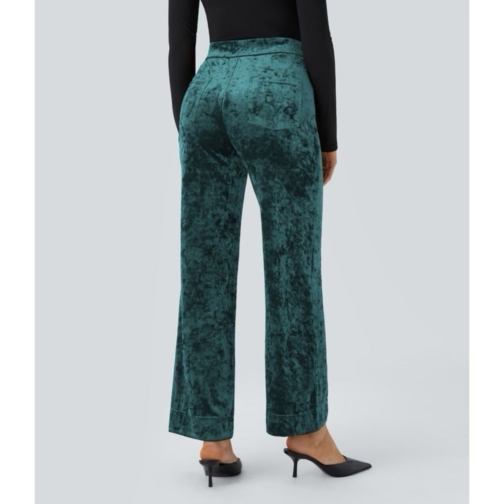 NWT Halara High Waisted Pockets Straight Leg Velvet Casual Pants‎ green small - Picture 2 of 16